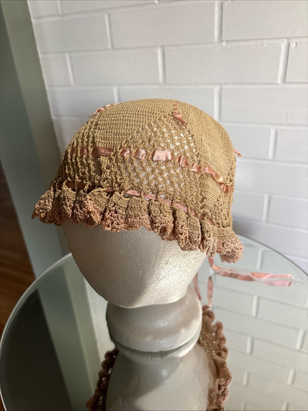 Vintage Hand Crocheted Ecru Night Cap Style Hat with Pink Ribbon Trim for Women